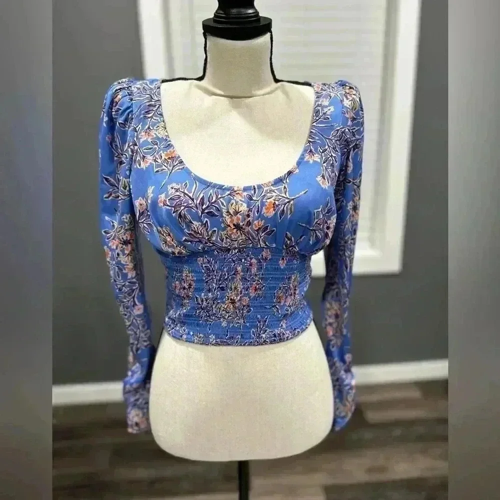 Free People Blue Floral Santiago Smocked Waist Long Sleeve Blouse Size XS